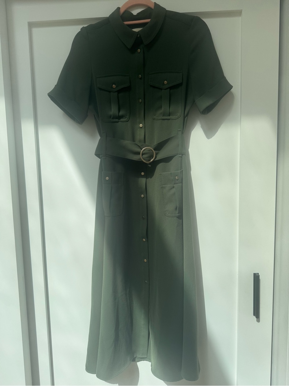 Sezane Olive Green Short-Sleeve Belted Shirt Midi Dress